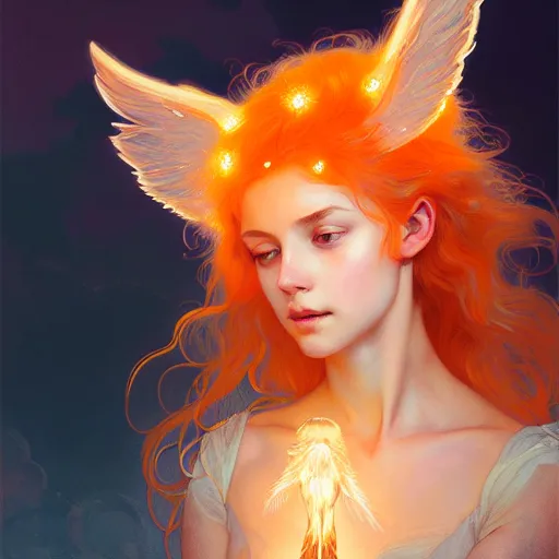 Image similar to Portrait of a girl angel with pale orange colored fuzzy frizzy hair, cat ears, glowing halo, wings, fantasy, intricate, elegant, highly detailed, digital painting, artstation, concept art, smooth, sharp focus, illustration, art by Krenz Cushart and Artem Demura and alphonse mucha