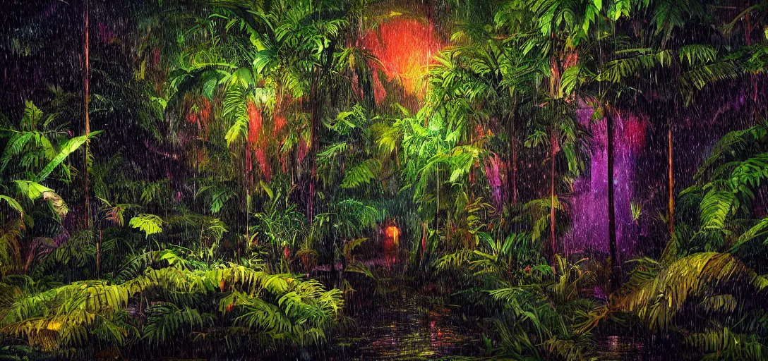 Prompt: Look of a lush jungle, rain, night, colorful moody scene, digital art, 8k, moody details