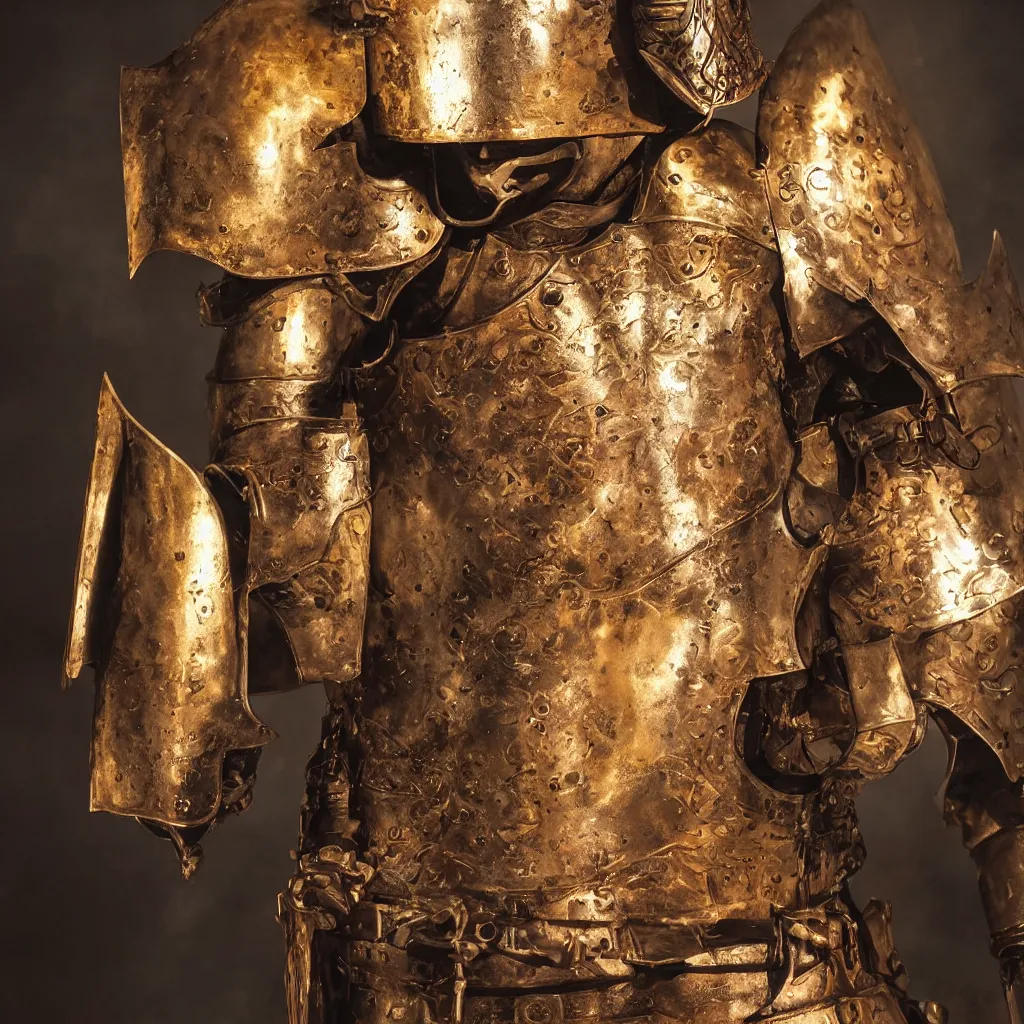 Image similar to of a photo of a knight character that has a helmet that is made of copper and gold, beautiful sculpted details, cinematic lighting, this knight is a war lord who roamed the fields in many battles, there is a faint red aura to him displaying a lot of power