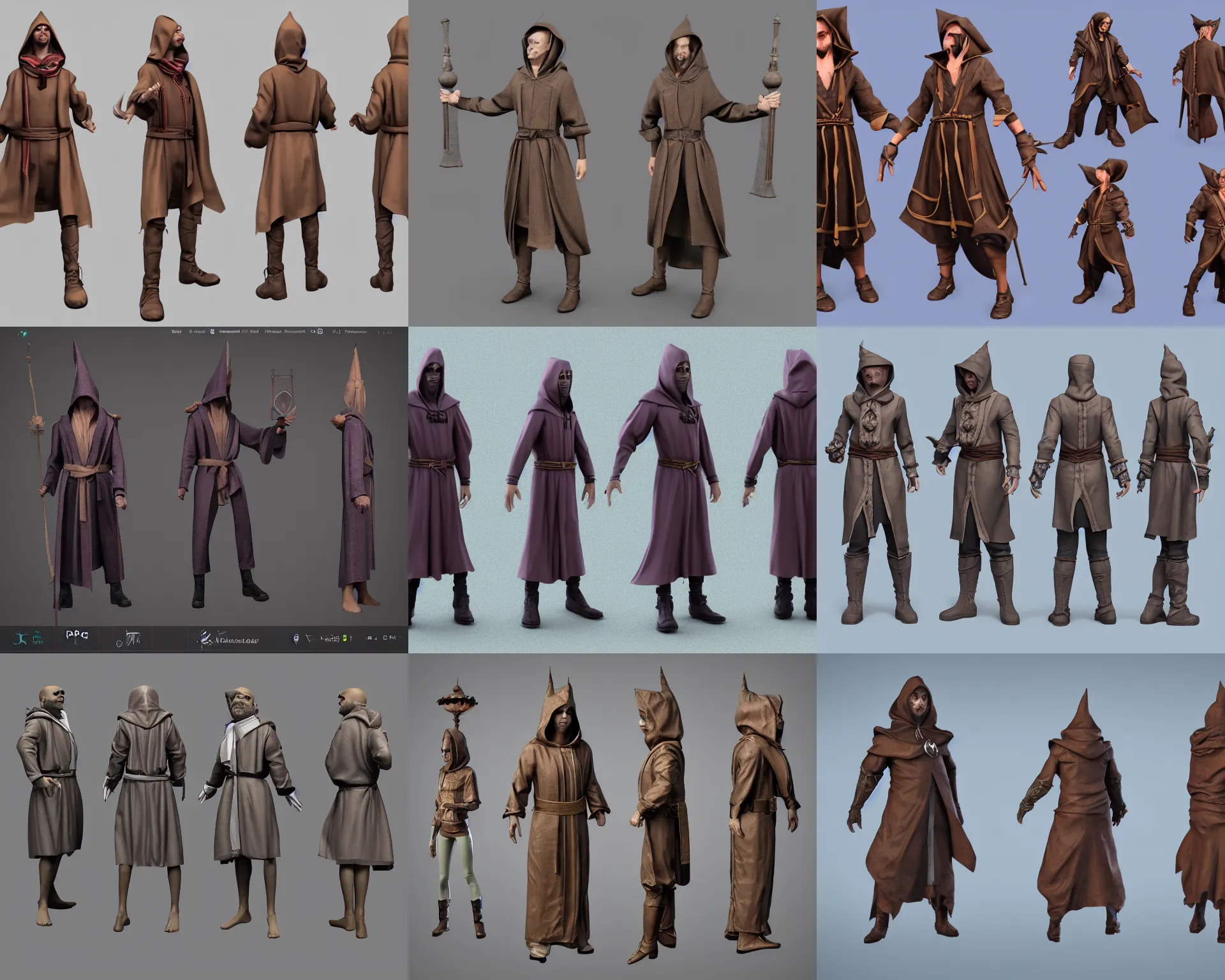 Prompt: 3d model rigged, t-pose of male magic wizard, potions, belt, robes, hood, T Pose, 3d marketplace, multiple angles, character design sheet but 3d rendered, RPG character, cosplay, DAZ, zbrush,