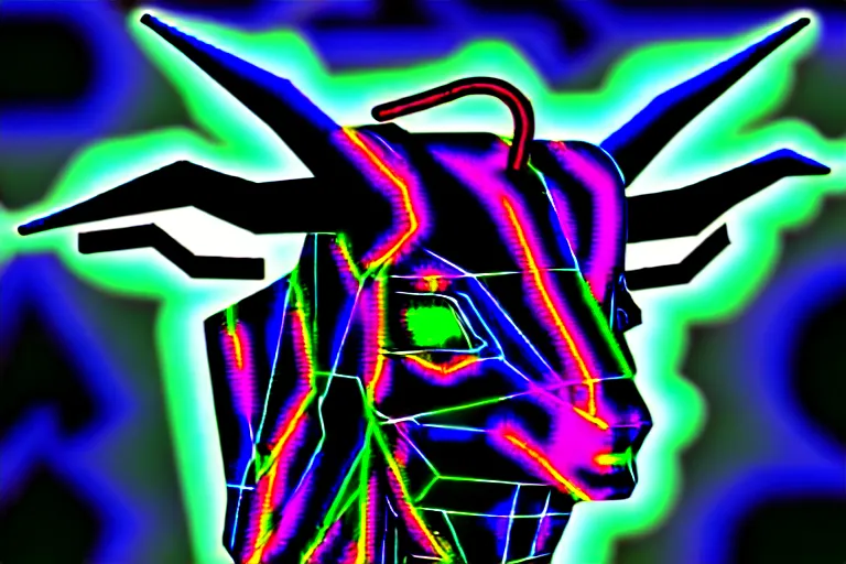 Image similar to complex cyberpunk machine background merged with evil cybernetic goat head in center focus, multicolored digital art