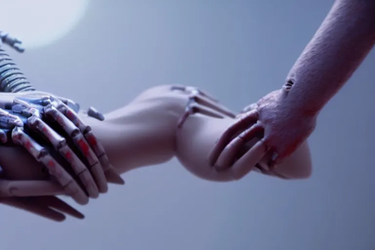 Image similar to vfx film closeup, dead robot couple holding hands, flat color profile low - key lighting award winning photography arri alexa cinematography, hyper real photorealistic cinematic atmospheric cool colorgrade