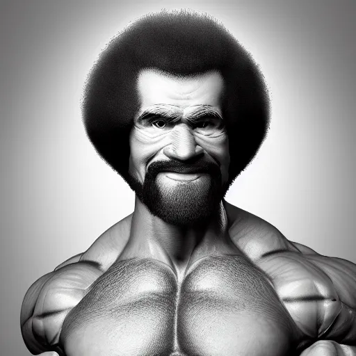 Prompt: hyperdetalied portrait of muscular Bob Ross, black and white, photography studio, 8k, trending on artstation,