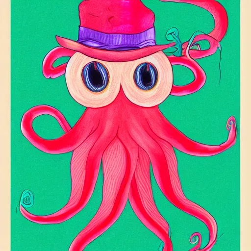 Image similar to multicolor drawing of a sad octopus wearing a pink hat by alex heywood in 4 k ultra high resolution, with depressive feeling