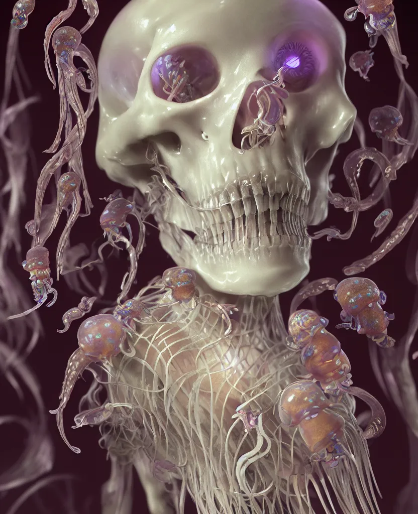 Image similar to goddess close - up portrait human skeleton, ram skull, jellyfish, orchid, betta fish, bioluminiscent, intricate artwork by tooth wu and wlop and beeple. octane render, trending on artstation, greg rutkowski very coherent symmetrical artwork. cinematic, hyper realism, high detail, octane render, 8 k