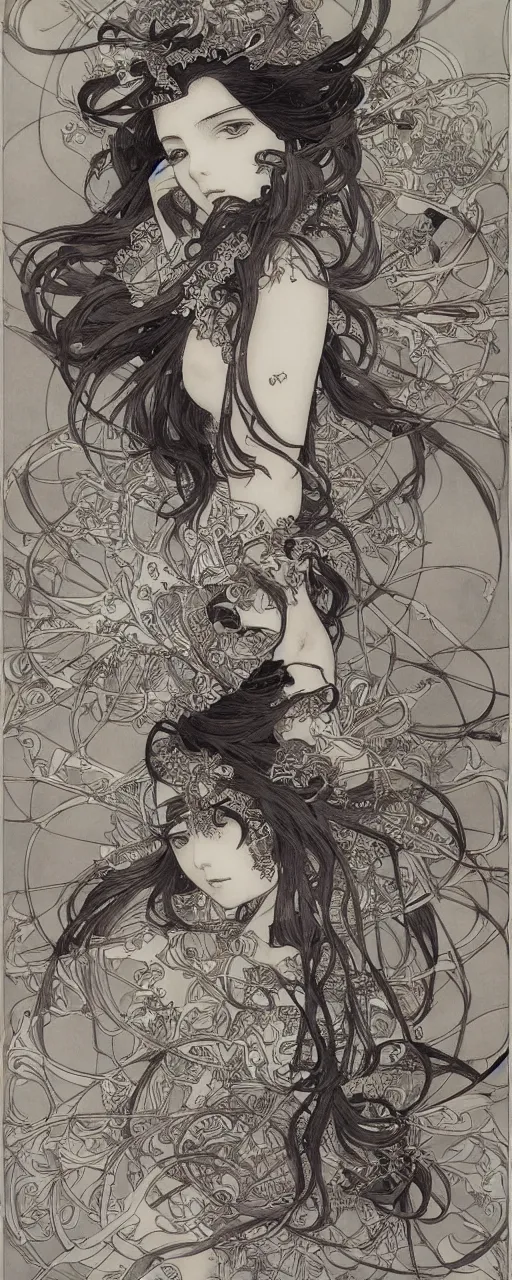 Image similar to yoshitaka amano anime painting, intricate line drawings, pen and ink, alphonse mucha, claire wendling, kentaro miura, ruan jia