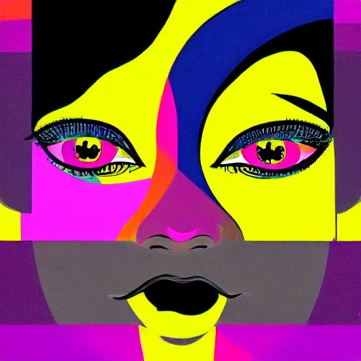 Image similar to closeup portrait of a black woman with yellow eyes and a rainbow background, digital art by tomokazu matsuyama, by ed paschke, behance contest winner, generative art, irridescent, retrowave, grain, androgynous, black background