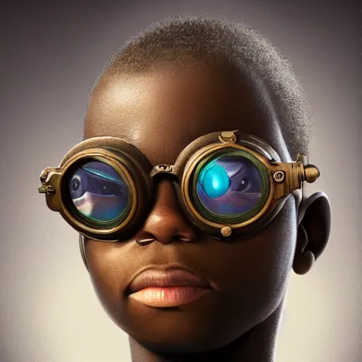 Prompt: colourful vfx upper half - portrait - art of a nigerian boy wearing steam punk goggles, art by hsiao - ron cheng & james jean, digital render, digital illustration, concept art, caricature, volumetric light, ray tracing, symmetrical, unreal engine, octane 3 d render, sharp, detailed, intricate detail, pinterest, behance, art station,