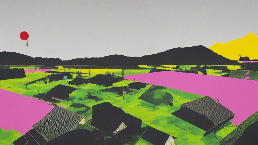 Image similar to cow pasture in saitama japan, a collage painting, in the style of wes anderson, lola dupre, david hockney, isolated on negative white space background dark monochrome neon fluorescent spraypaint accents volumetric octane render