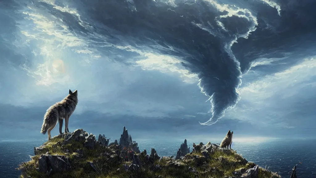 Prompt: A wolf standing on the edge of a grassy cliff looking out towards an underwater nuclear explosion, birds flying away from explosion, mind-bending geometry, explosive shockwaves rippling across sapphire waters below, 4k, trending on Artstation, award-winning, dramatic painting, art by Greg Rutkowski, Studio Ghibli