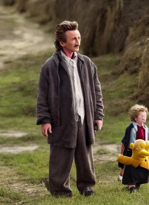 Prompt: film still of Sean Penn as Homer Simpson in Nanny McPhee, 4k