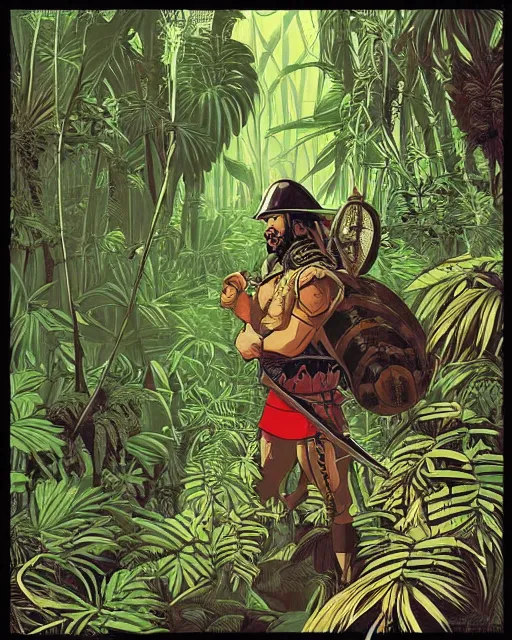 Image similar to portrait of barbaric spanish conquistador in a dense jungle, symmetrical, by yoichi hatakenaka, studio ghibli and dan mumford