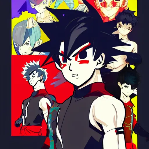 Image similar to a vector art of young goku as a persona 5 character game. An spinoff by Stanley artgem LAU , trending on artstation, artbook, stylish, persona 5 art style WLOP, Rossdraws, Gesture draw, James Jean, Andrei Riabovitchev, Marc Simonetti, and Sakimichan,