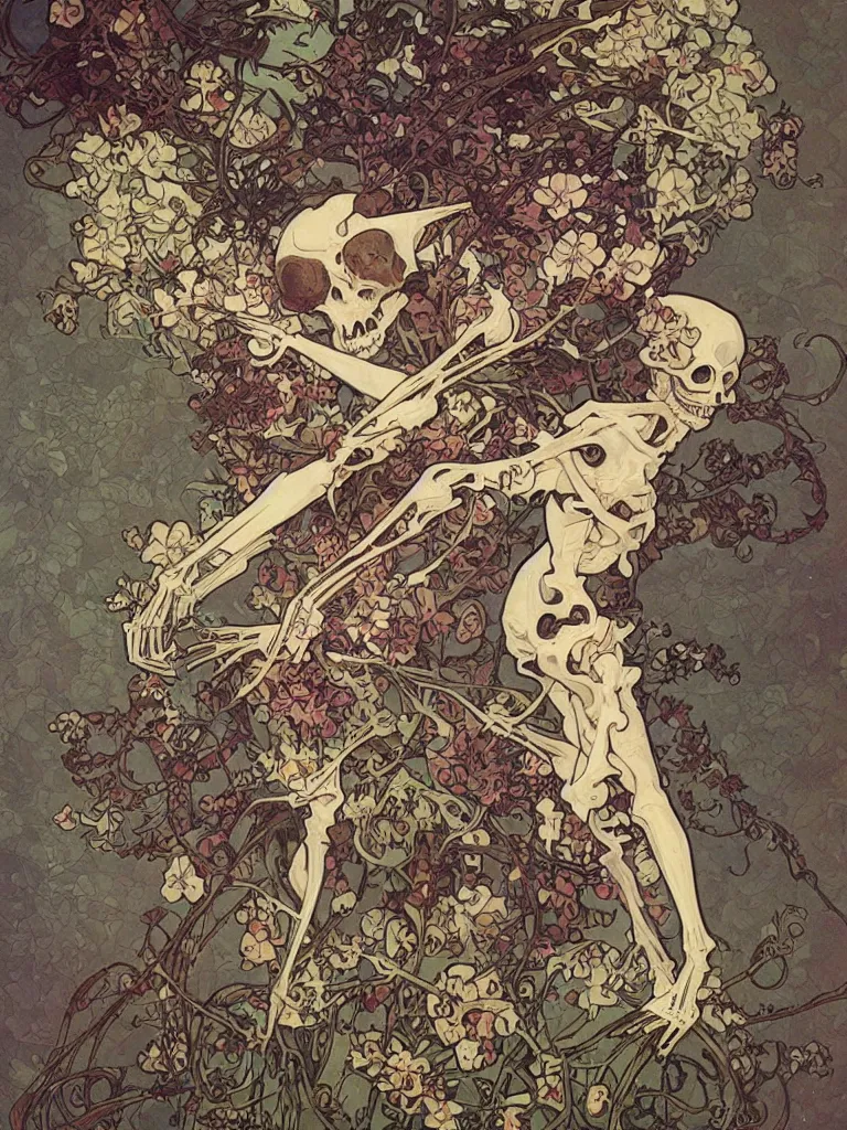 Image similar to a skeleton covered in flowers in a dynamic pose, alphonse mucha, james jean, peter mohrbacher, highly detailed, soft lighting,