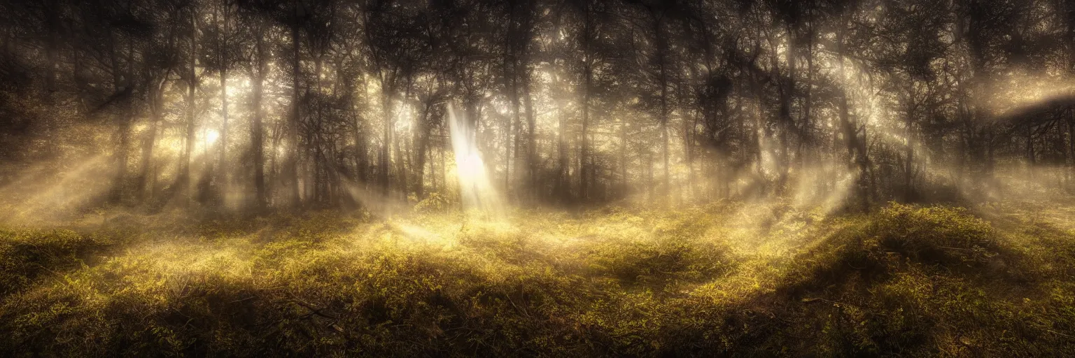 Prompt: planetary explosion, lost place photo, sunrays, mystic, mist, volumetric lights, wilderness, dirt, dramatic, cinematic, 8K, award winning photo,