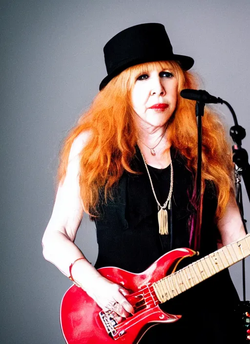 Prompt: dslr portrait photo still of stevie nicks with red hair playing a guitar, 8 5 mm, f 1. 8