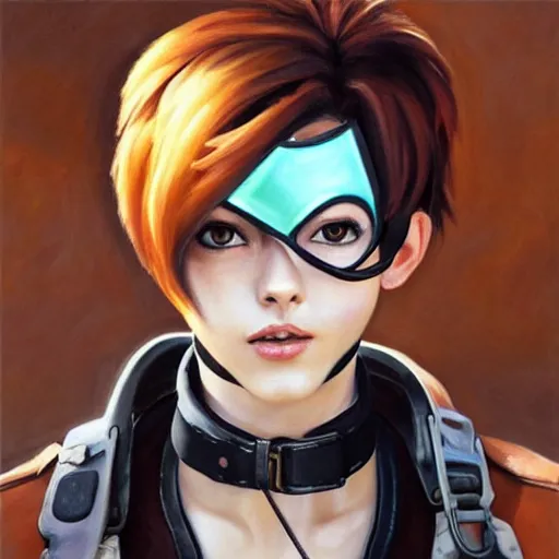 Image similar to oil painting of tracer overwatch in a field wearing very large black leather belt choker collar around neck, in style of mark arian, expressive face, very detailed face, very detailed eyes, belt around neck, full body, feminine face, tracer overwatch,