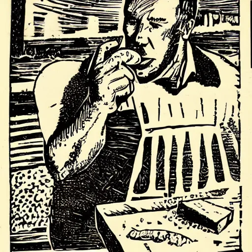 Image similar to alex jones eating a huge twinkie, woodcut,