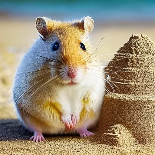 Image similar to Photo of a hamster making a giant sandcastle, highly-detailed 4K award-winning