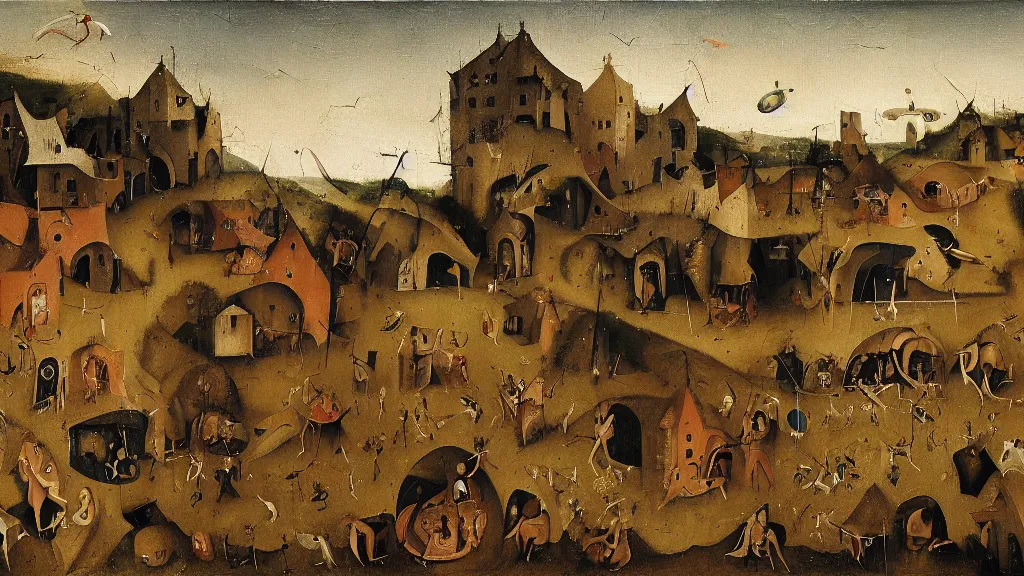 Prompt: a drone attack to innocent villager, in the fashion of Hieronymus Bosch, oil on canvas, painting, 4k, wide shot