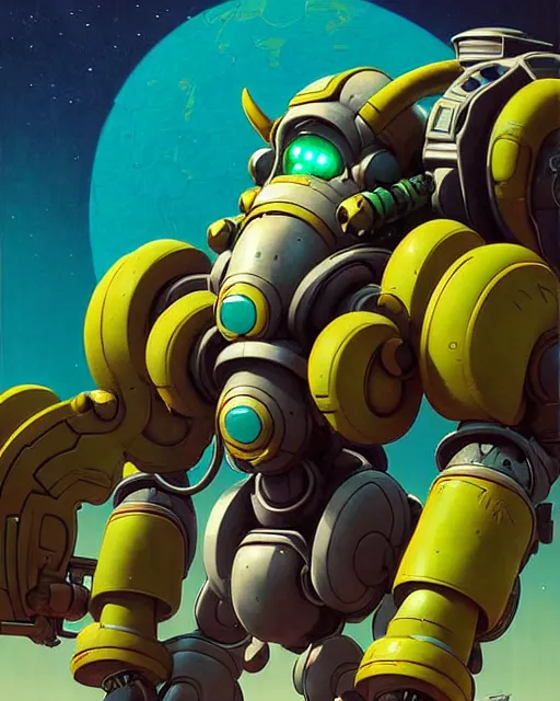 Image similar to orisa from overwatch, centaur, character portrait, portrait, close up, concept art, intricate details, highly detailed, vintage sci - fi poster, retro future, in the style of chris foss, rodger dean, moebius, michael whelan, and gustave dore