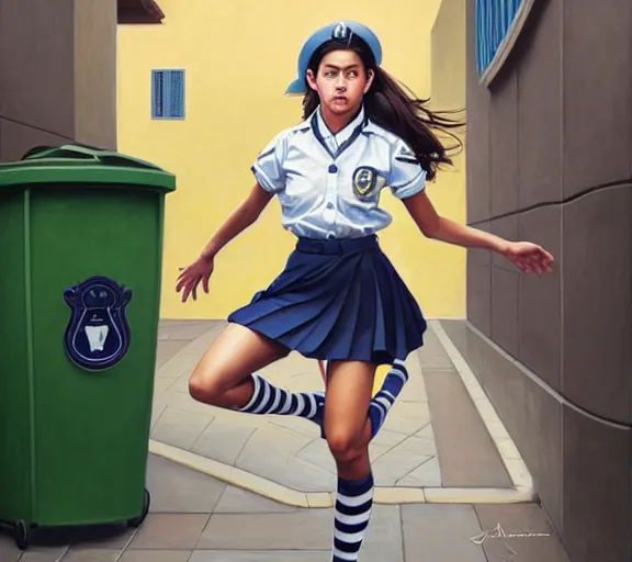 Prompt: portrait of an Italian Mexican teen female schoolgirl wearing a navy and white sepuku uniform and jumping outside a green trashbin in Kalakaua avenue in Waikiki by James Jean, intricate, elegant, highly detailed, centered, digital painting, artstation, concept art, smooth, sharp focus, illustration, by Peter Mohrbacher, WLOP