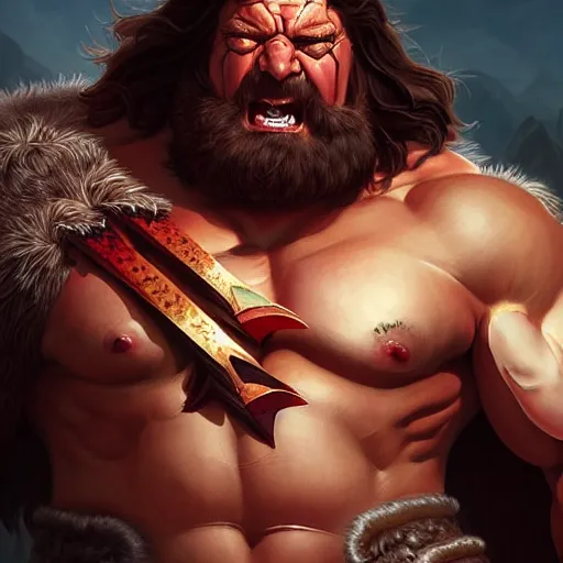 Image similar to richard herring is an incredibly muscular barbarian king looking at you with anger from his throne, highly detailed, digital painting, artstation, sharp focus, illustration, art by artgerm and irakli nadar and greg rutkowski and alphonse mucha