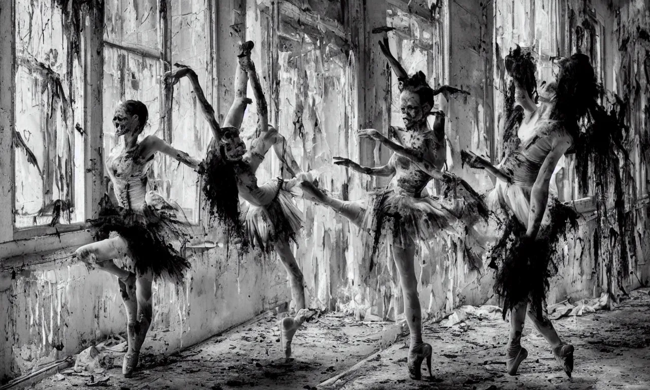 Prompt: a pair of horror zombie ballerina's in black tutu dancing swanlake in a rundown, moldy and dirty theater. light is coming in via stained windows, henri cartier besson