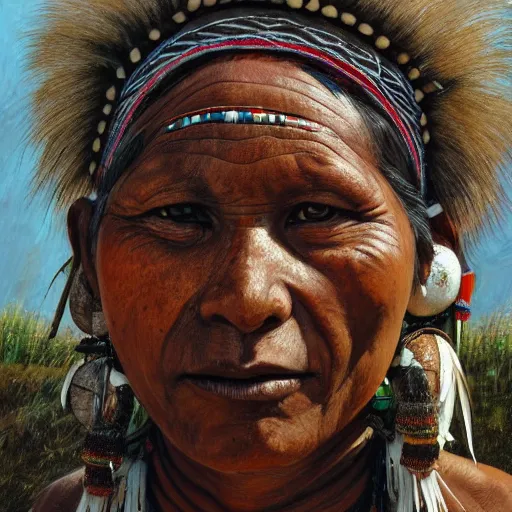 Image similar to high quality high detail painting by lucian freud, hd, full body of a indigenous tribe woman leader, photorealistic lighting