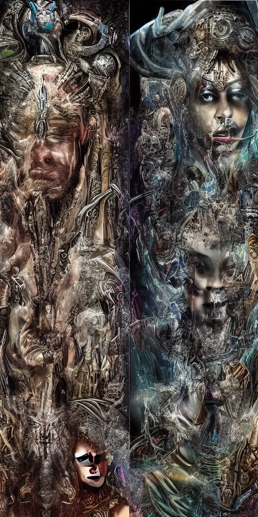 Image similar to HDR portrait photography of two Deities vertically mirrored between utopia on the top and the underworld on the bottom. The Benevolent Cyborg Queen in utopia on the top, mirroring The Evil Cyborg King in the dark underworld on the bottom. Coherent portraits, ethnic fantasy, intricate, elegant, highly detailed, African, Egyptian, Aztec, Mayan, digital painting, trending on ArtStation, HDR photo, smooth, sharp focus, illustration, art by artgerm and greg rutkowski and alphonse mucha