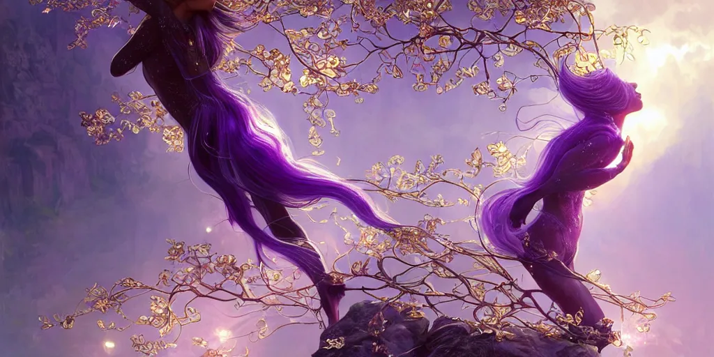 Image similar to wide angle, opalescent purple panther, metallic silver and ice color reflected crystal hair, leaping from babaob tree, fantasy, intricate, very beautiful, elegant, golden light, highly detailed, digital painting, artstation, concept art, smooth, sharp focus, unreal engine, art by wlop and tian zi and alphonse mucha