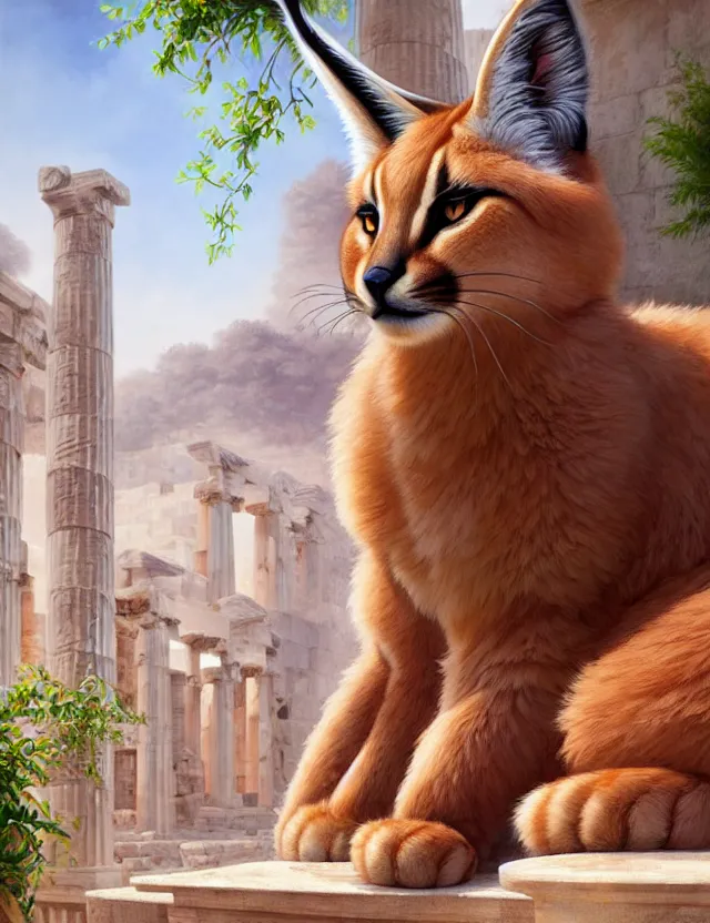 Image similar to cute fluffy caracal in a ancient greek city | | cute, key visual, realistic shaded perfect face, fine details by stanley artgerm lau, wlop, rossdraws, james jean, andrei riabovitchev, marc simonetti, and sakimichan, trending on artstation