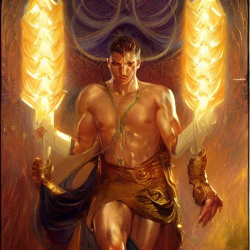 Image similar to attractive male deity casts light spell, summons attractive male lucifer morningstar. highly detailed painting by gaston bussiere, craig mullins, j. c. leyendecker 8 k