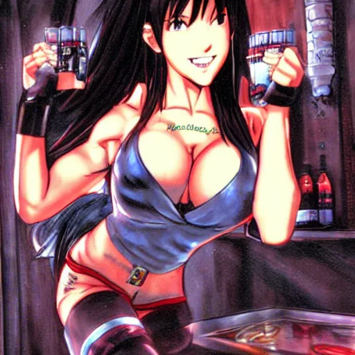 Prompt: tifa lockheart in her bar by masamune shirow