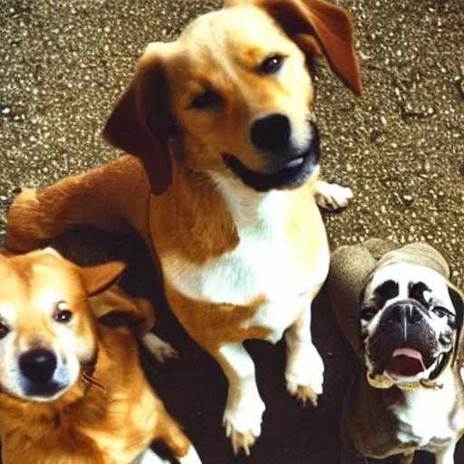 Image similar to 3 5 mm photo of many happy dogs together