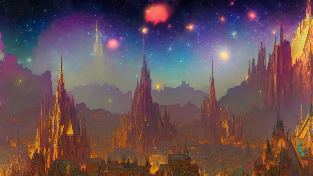 Image similar to a beautiful highly detailed matte painting of colorful castle nebulas by moebius, alphonse mucha, stars in the background, highly detailed, intricate design, cinematic view, 8 k resolution, octane render, trending on artstation and cgsociety