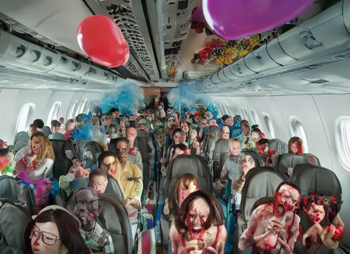 Image similar to boeing 737 cabin, a lot of zombies, birthday party, party hats, balloons, birthday cake, candles, realistic, insanely detailed, wide angle, Unreal 5 engine, trending on artstation, by Huang Guangjian and Gil Elvgren and Sachin Teng