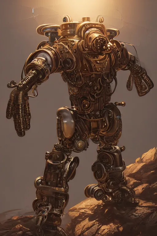 Image similar to hardmesh retro futurist steampunk spider fallout 7 6 power armor, hyper realistic, art cover, official fanart behance hd artstation by jesper ejsing, by rhads, makoto shinkai, final fantasy, unreal engine highly rendered, global illumination, radiant light, intricate environment radiating a glowing aura global illumination ray tracing hdr