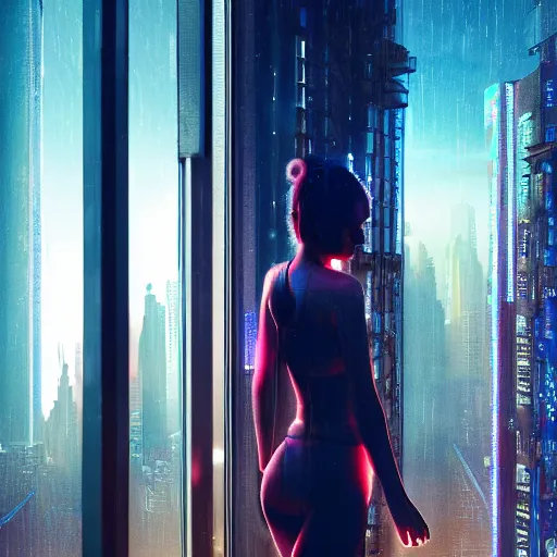 Image similar to ultra realistic and intricate detailed photograph of a cyberpunk woman standing on a balcony looking out at the city, neon, cyberpunk, technology, blade runner, artstation, unreal render, depth of field, ambient lighting, award winning, stunning