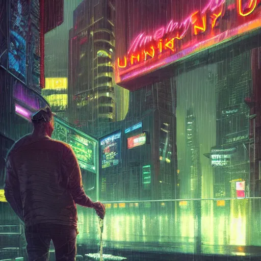 Image similar to man watering plant near the crowded street of a cyberpunk city, rain, harsh neon lights, highly detailed, digital painting, trending on artstation, concept art, sharp focus, illustration, art by artgerm and greg rutkowski and magali villeneuve