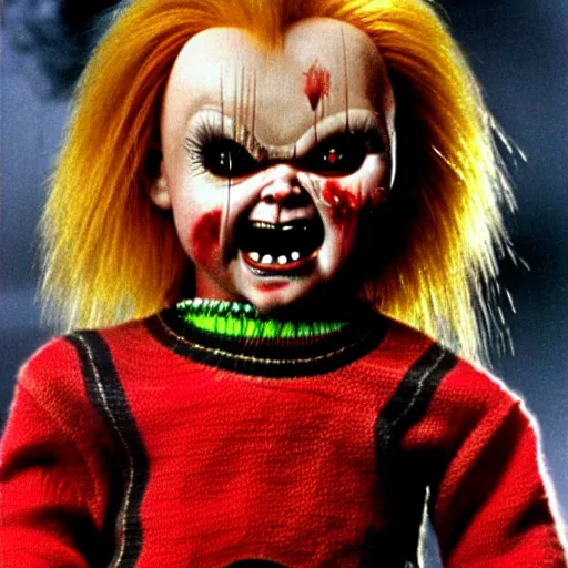 Image similar to Chucky the killer doll from the movie Child's Play leading an army of scary looking evil killer dolls