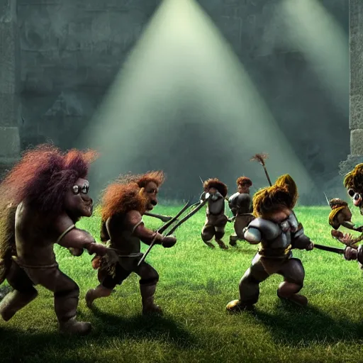 Prompt: action scene of trolls fighting against knights, still from a movie by stanley kubrik, cinematic, hyperreal, intense, highly textured, wide angle, insanely detailed, god rays, 3 5 mm, shallow depth of field