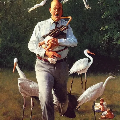 Image similar to a man is chasing away a stork. the stork is carrying a human baby. the man has a shotgun. they're in a trailer park. norman rockwell painting. highly detailed, high quality, 8 k, soft lighting, realistic face, path traced