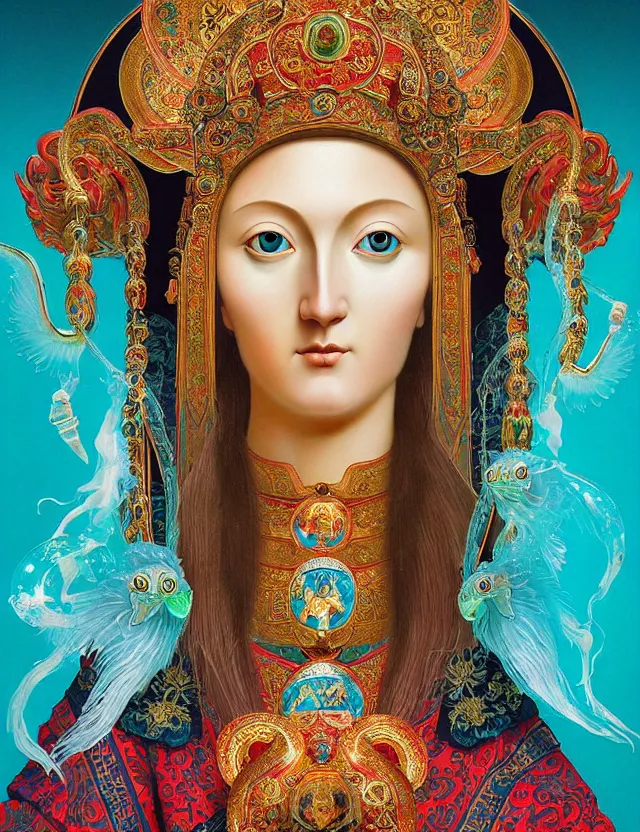 Image similar to 3 d goddess close - up profile portrait russian orthodox icon with ram skull. beautiful intricately detailed japanese crow kitsune mask and clasical japanese kimono. betta fish, jellyfish phoenix, bio luminescent, plasma, ice, water, wind, creature, artwork by tooth wu and wlop and beeple and greg rutkowski