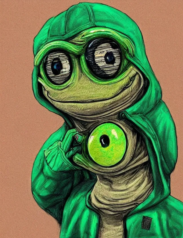 Prompt: realistic portrait of a pepe frog with alien eyes with a hoodie in the NYC subway looking at a train arriving to late by Jango Jim