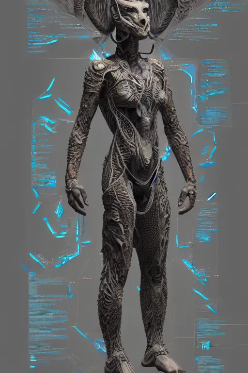 Image similar to full body portrait of a he Keeper of the mountain caves with light tattoos and decals wearing a futuristic organic clothe, intricate design, photorealistic, octane render, raytraced, ultra fine detailed, character design, trending on artstation