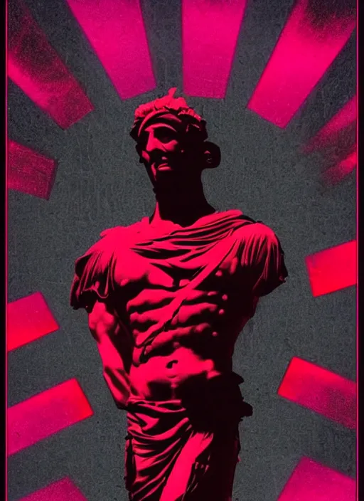 Image similar to black background with subtle red and purple design elements, statue of julius caesar, nekro, modern design, collage art, thin lines, dark, glitch art, neo vaporwave, gritty, layout frame, trending on artstation