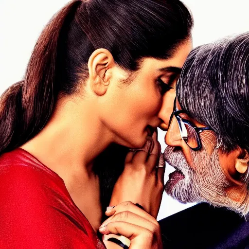 Image similar to closeup of kareena kapoor and amitabh bachchan kissing, natural lighting, hyper detailed, 1 0 0 mm, photographic, cinematic lighting, studio quality.