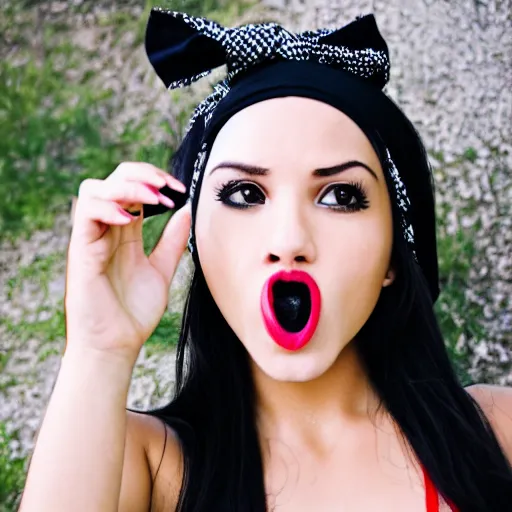 Prompt: beautiful Girl with a bandana, big mouth, big eyes, short black hair, close up