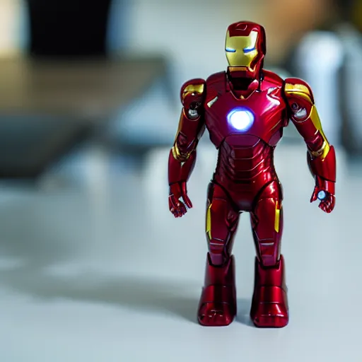 Image similar to Iron Man working as a 7/11 cashier, macro, wide wide shot, very detailed, beautiful lighting